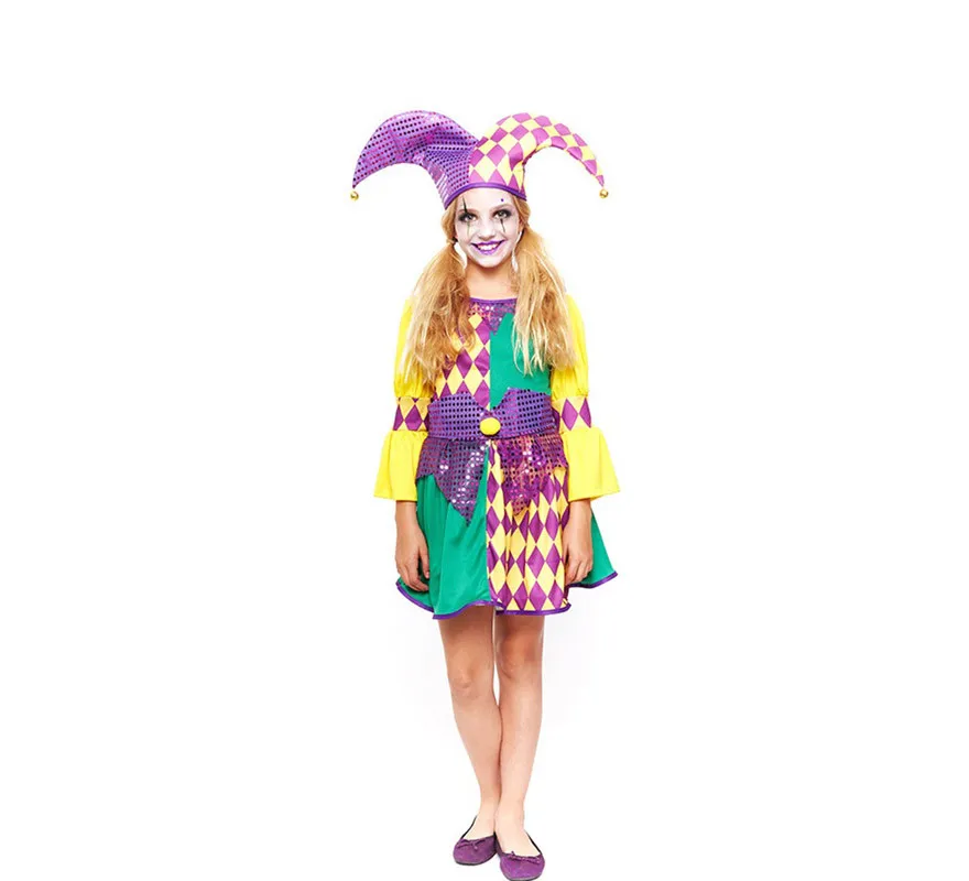Costume da arlecchino scozzese viola e verde per bambina