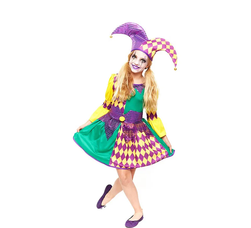 Costume da arlecchino scozzese viola e verde per bambina