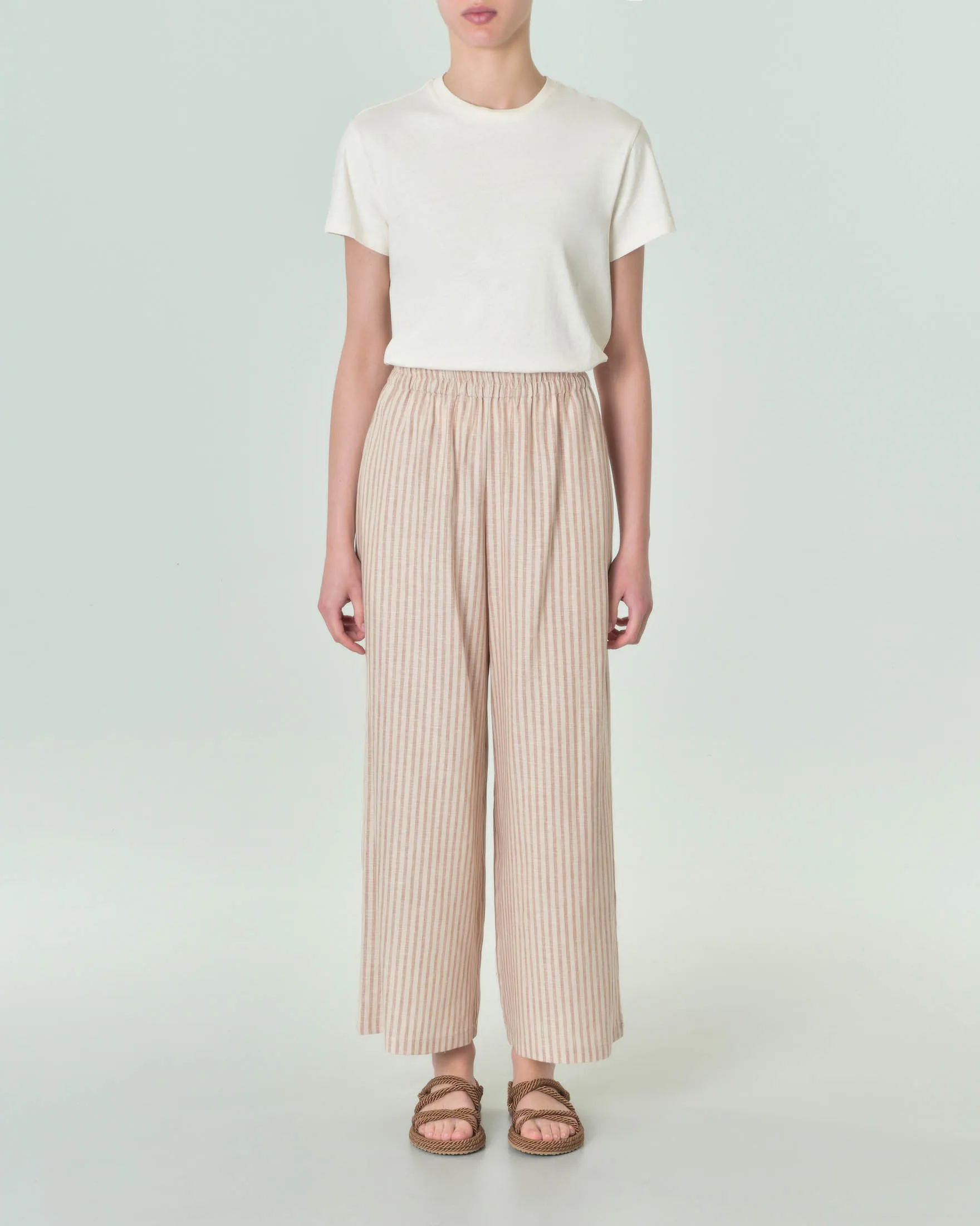 Pantaloni a righe beige e cuoio in misto lino wide leg dal taglio cropped