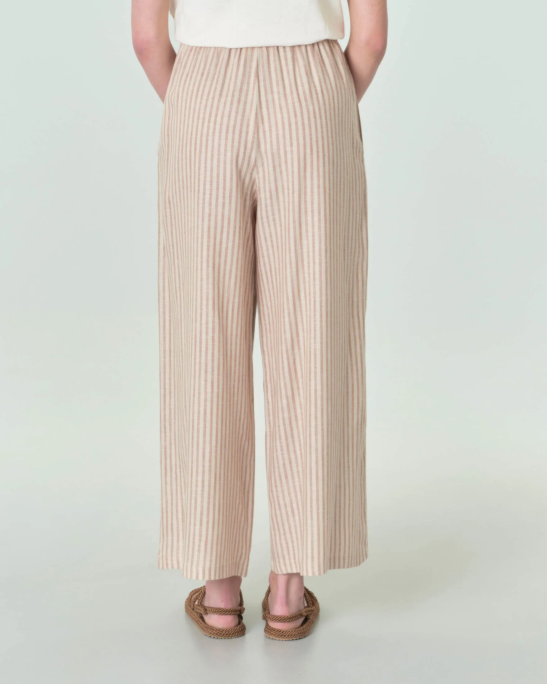Pantaloni a righe beige e cuoio in misto lino wide leg dal taglio cropped