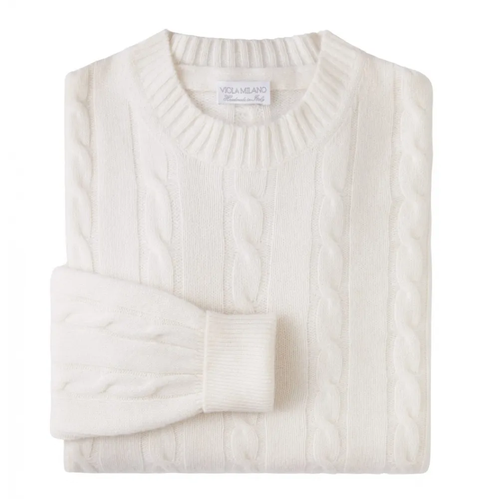 Viola Milano - Maglia in Cashmere Loro Piana a Trecce - Avorio - Handmade in Italy - Luxury Exclusive Collection